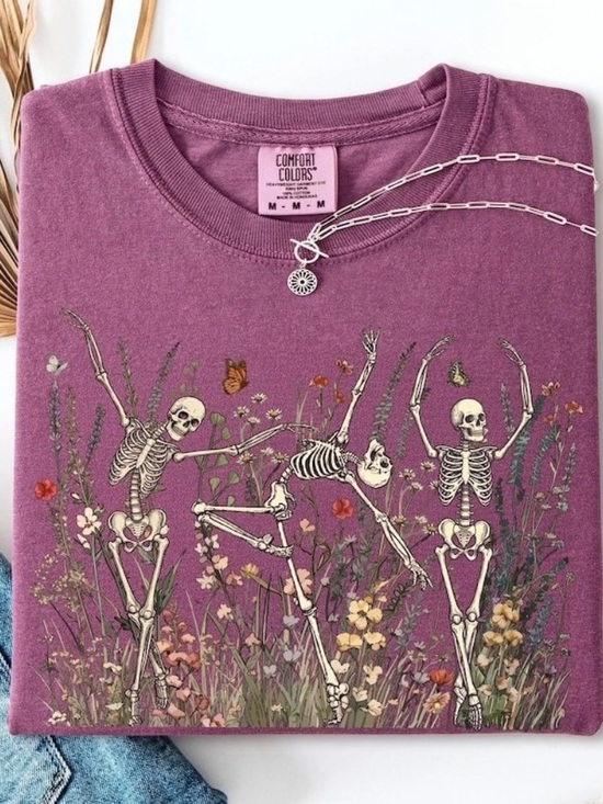 Comfort Colors Tops - Comfort Colors Halloween Skeleton Dance Wildflower Nature Graphic Tee